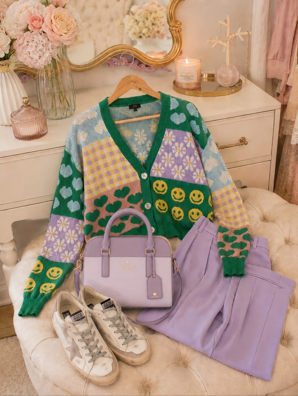 Emerald Green Happy Face Patchwork Cardi Sweater| M/L | Daisy Heart Graphic EUC - Picture 3 of 8